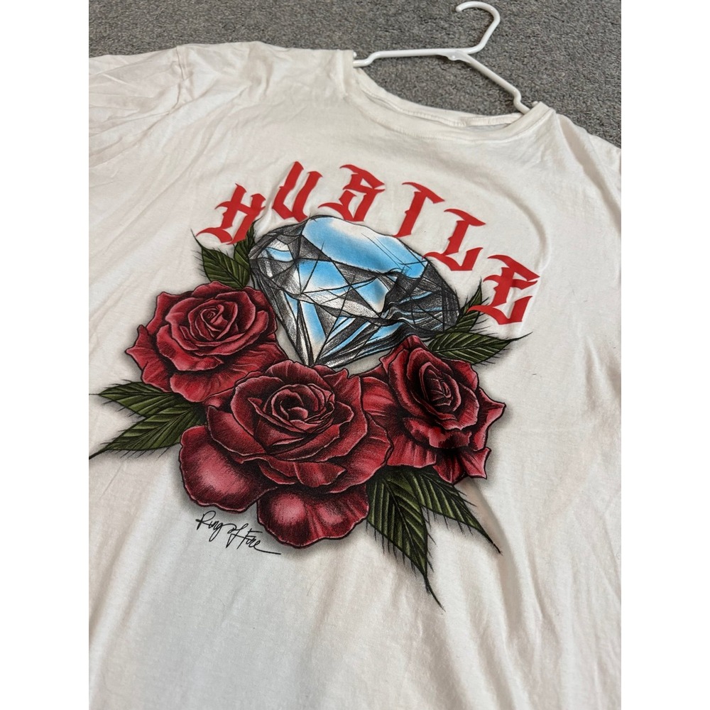 Ring of Fire Hustle Graphic T Shirt Mens XXL White Diamond Roses Cotton